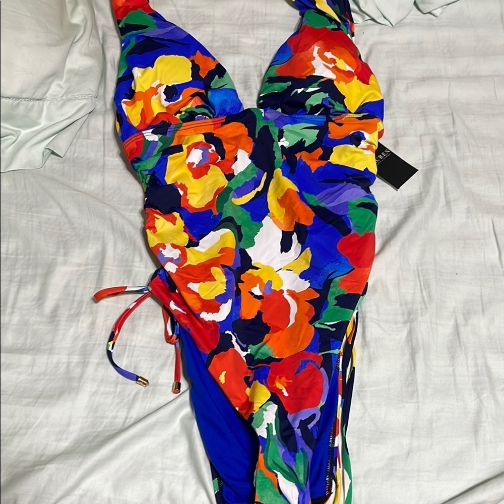 Ralph Lauren Red and Blue One Piece Swimsuit with Plunging Neckline NWT Sz 14 - Picture 6 of 6